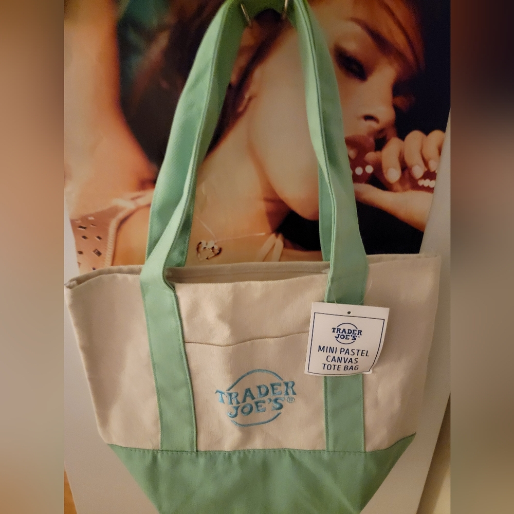 NWT Trader Joes PASTEL GREEN MINI PASTEL CANVAS TOTE BAG